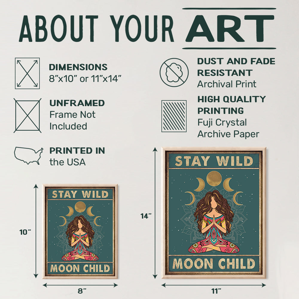 Stay Wild Moon Child Wall Art - Spiritual Yoga Gifts for Women - Boho Bohemian Wall Decor - Hippy Hippie Room Decor - New Age Zen Meditation Mandala Decor - Inspirational Positive Quotes Poster