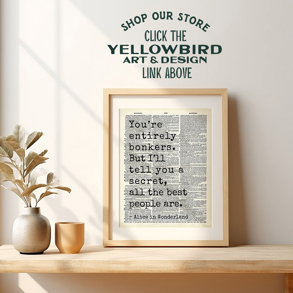 Alice in Wonderland Quote Wall Art - Typography Dictionary Print for Bedroom, Office, Girls Room - Cheshire Cat, Mad Hatter Decor - Lewis Carroll Inspired Positive Quotes Wall Decor Poster