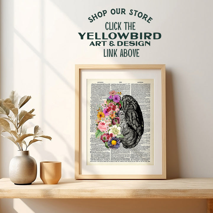 Vintage Flower Brain Dictionary Art - Human Anatomy Poster Home Decor - Shabby-chic Wall Art for Living Room, Bathroom, Womens Bedroom - Aesthetic Eclectic Indie Trendy Room Decor - UNFRAMED