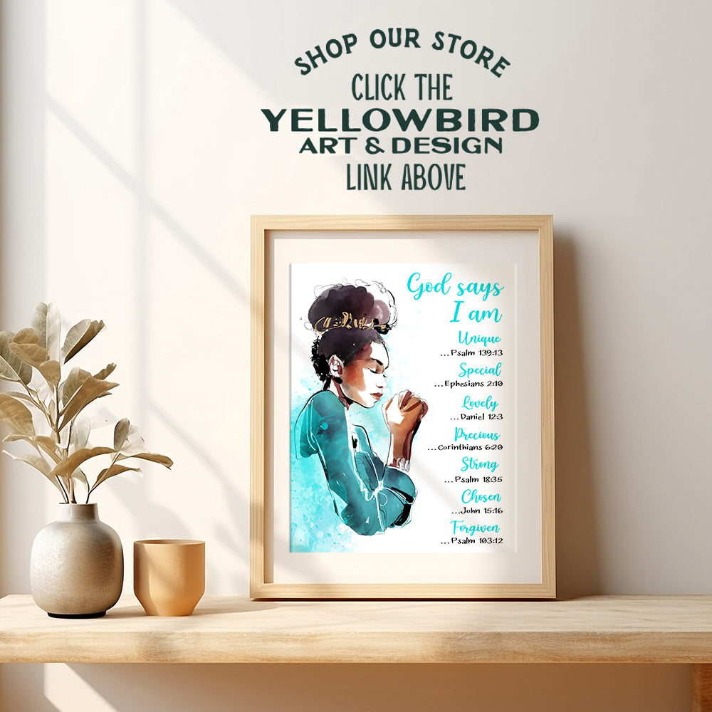 African American Women Bible Verse - God Says You Are Wall Decor- Blue Inspirational Christian Decor - spiritual Religious Scripture Encouragement Gifts - Black Girls Bedroom Wall Art