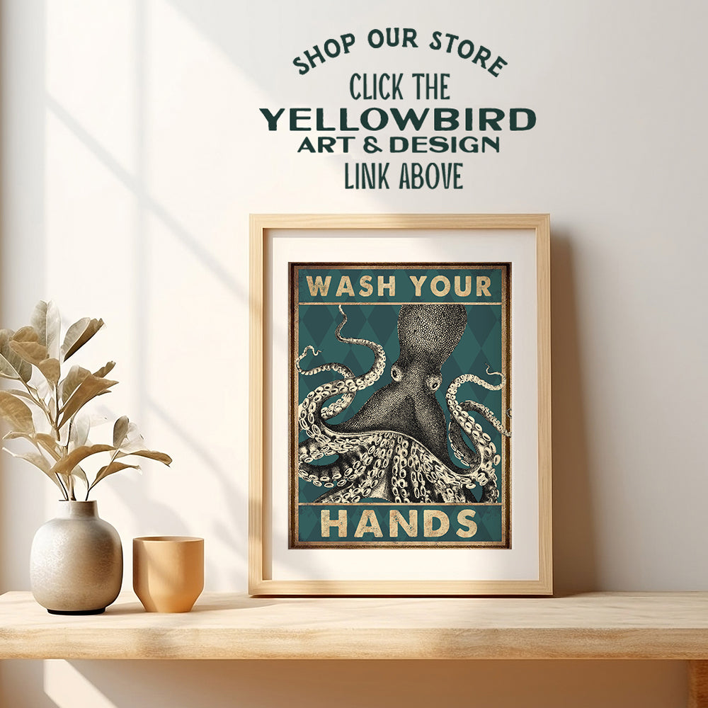 nautical Bathroom Wall Art - Beach Coastal Octopus Bathroom Decor - Wash Your Hands Sign - Funny Bathroom Decorations - Small Bathroom Wall Decor - Cute Restroom Pictures - Powder Room Poster