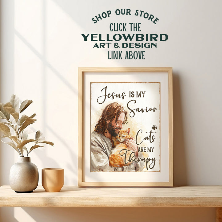 Jesus Christ Cat Wall Art & Decor - Cat Lover Cute Cat Christian Wall Decor - Christian Gifts for Girls, Cat Mom, Cat Dad - Religious Farmhouse Style spiritual Home Decor - Rustic funny Quotes Decor