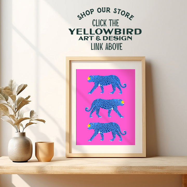 Cheetah Wall Art & Decor - Trendy Aesthetic Room Decor - VSCO Indie Preppy Room Decor - Pink Blue Cheetah Print - Minimalist Mid-century modern Wall Art - Leopard Home Decor - Yellowbird Art & Design