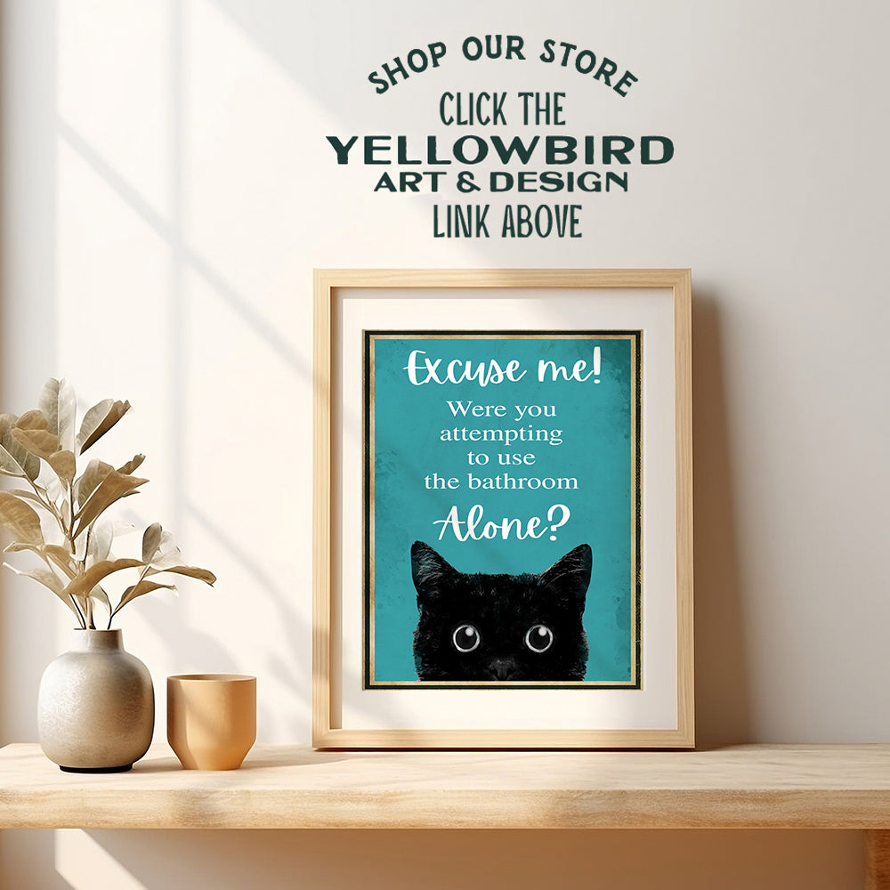 Funny Cat Restroom Sign - Guest Bathroom Decor for Women - Small Bathroom Wall Art - Blue Bathroom Decorations - Unique Powder room Decor - Cute Lover Gifts - Cat Bathroom Wall Decor