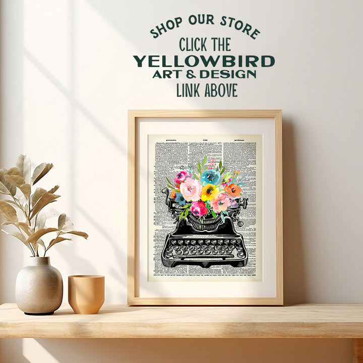 Shabby chic Typewriter Wall Art - Vintage Floral Home Decor for Women, Writer, Teacher, Journalist, Personal Assistant, Secretary - Retro Living room Bedroom Wall Decor - Unique Gift Idea