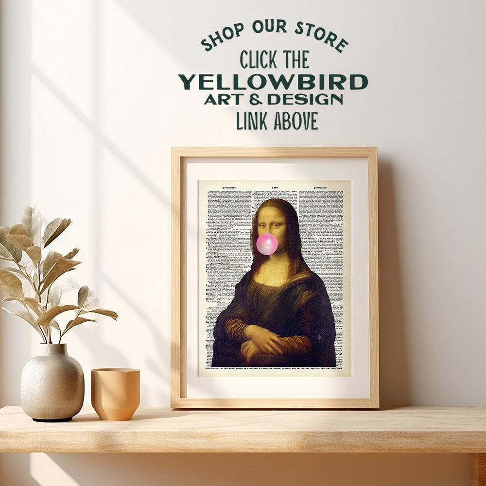 Mona Lisa Bubble Gum Art - Bedroom, Living room Wall Decor - Trendy Preppy Room Decorations, Home Decor - Great Gift Idea - Funny Wall Art Poster - Leonardo DaVinci Dictionary Art - UNFRAMED