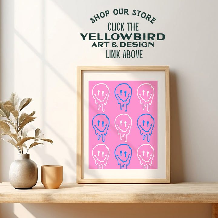 Smiley Face Wall Art & Decor - Yellowbird Art & Design Retro style Wall Decor - Pink Blue VSCO Preppy Room Decor - Pop art Funky Wall Decor - Eclectic Indie Trendy Room Decor - Girls Bedroom Dorm Room