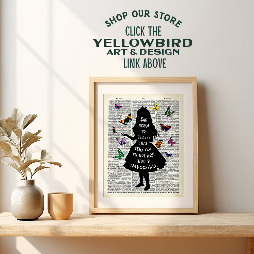 Alice Wonderland Quote Upcycled Dictionary Wall Decor Print - 8x10 Home Art Poster - Unique Room Decorations for Bedroom, Office, Girls or Kids Room - Unique Gift - Unframed Photo