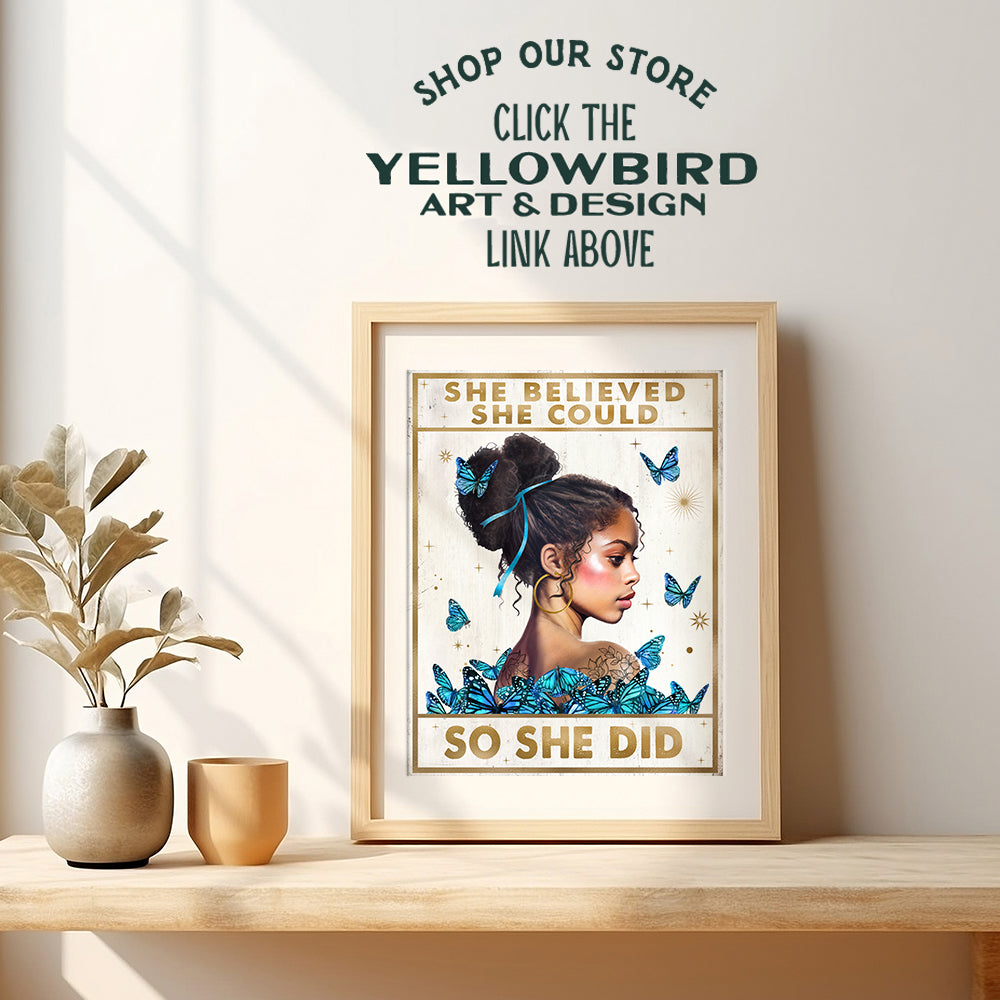 Black Girl Inspirational Wall Decor - She Believed She Could So She Did Wall Art - African American Wall Art - Positive Motivational Quotes - Blue Bedroom Living room Decor for African American Women