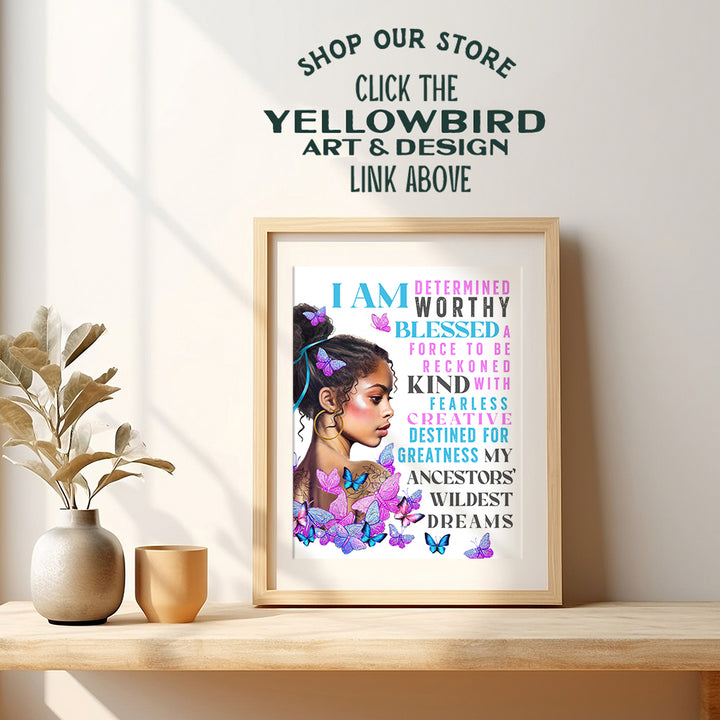 I Am positive Affirmations Decor - African American Wall Art - Inspirational Quotes Wall Decor - Motivational poster for Black Women, Black Girls Bedroom Decor, Teen Girls Room - positive Sayings