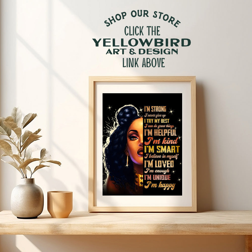 Empowered Black women African American Wall Art - Inspirational Motivational Positive Quotes - I Am Positive Affirmations Home Decor for Afro Teen Girls Bedroom, Girls Room - Encouragement Gifts