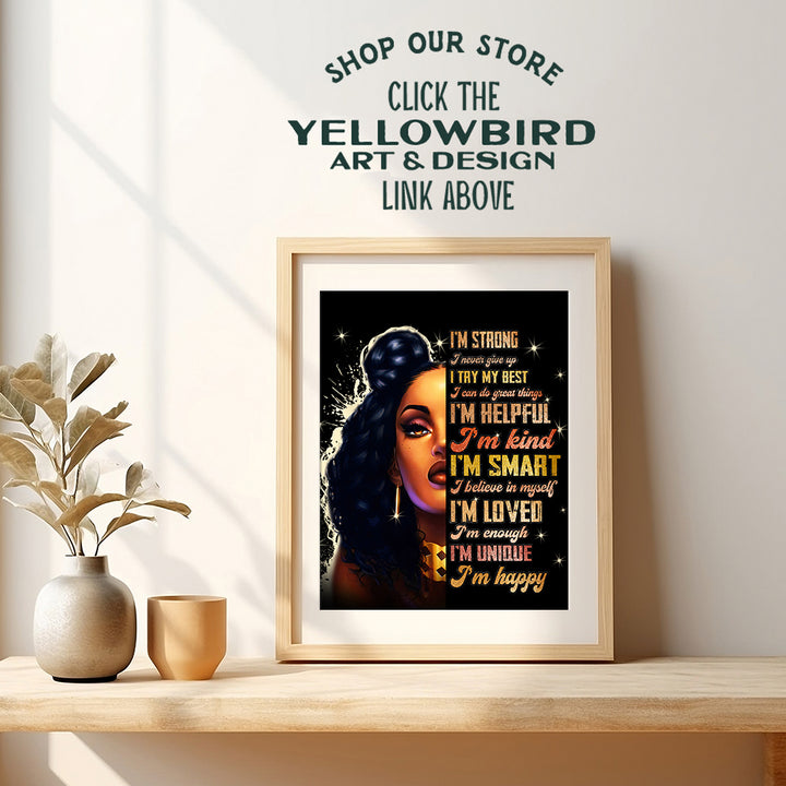 Empowered Black women African American Wall Art - Inspirational Motivational Positive Quotes - I Am Positive Affirmations Home Decor for Afro Teen Girls Bedroom, Girls Room - Encouragement Gifts