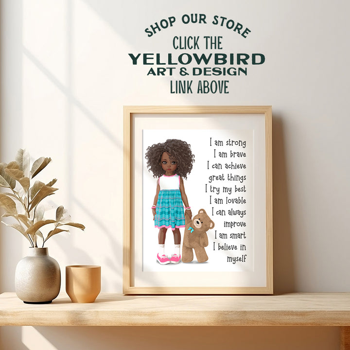 African American Girl Positive Affirmations - Black Wall Art - African American Wall Art - Little Girls Bedroom - Inspirational Sayings for Wall Decor - Positive Quotes Wall Decor - Toddler Girls Room