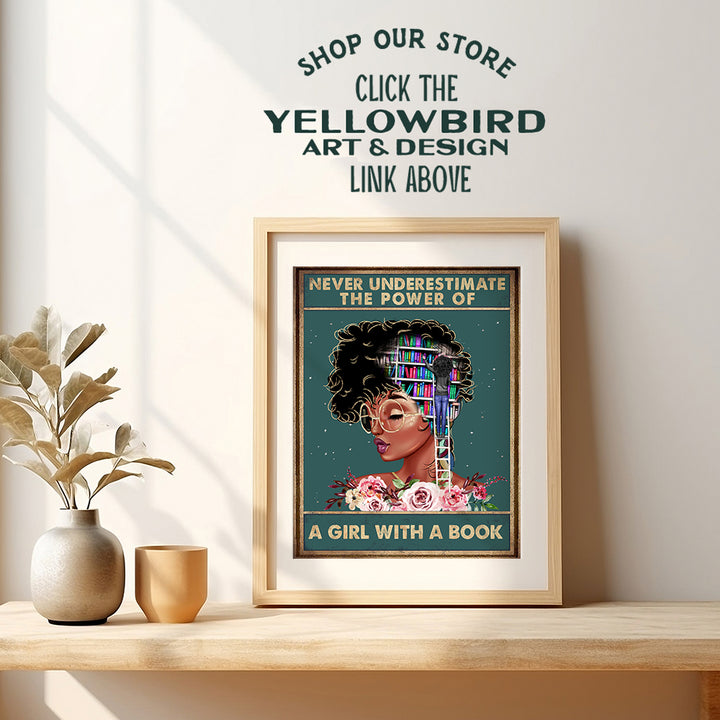 African American Classroom Decor - LARGE 11x14 - Never Underestimate a Girl With a Book Wall Art - African American Girl, Women - Inspirational Motivational Poster - Positive Quotes - Black Art