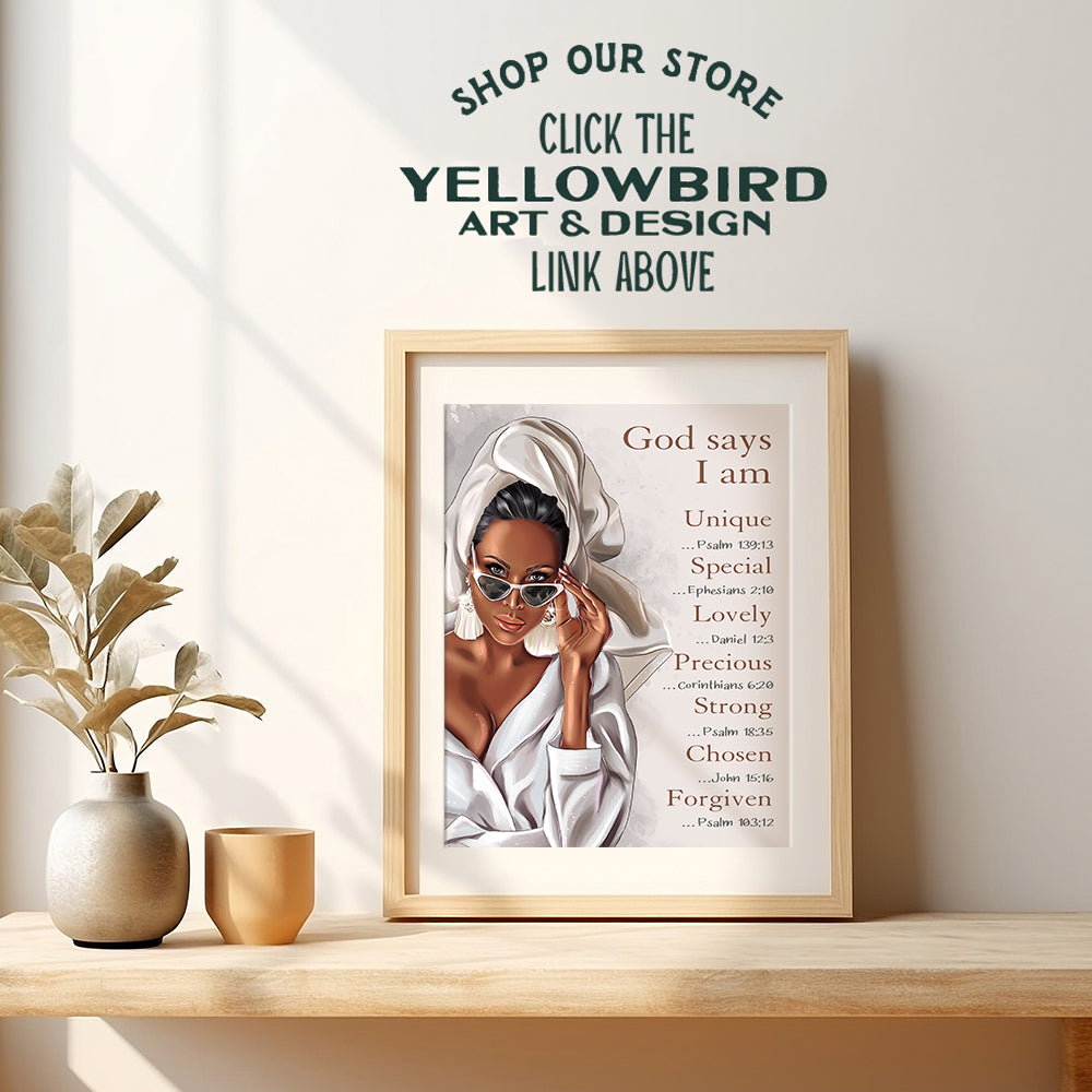 African American Women, Girls, Teens - Religious Black Art - God Says You Are - Chrisitan Scripture Encouragement Gifts - Motivational Designer Glam Bathroom Wall Decor - Inspirational Bible Verses