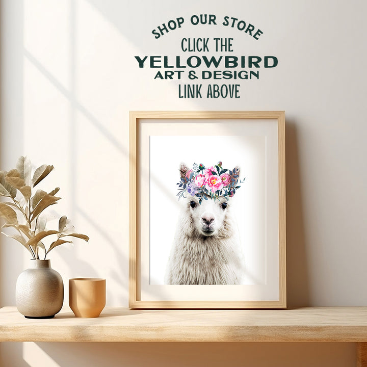 Baby Llama Wall Decor - Flower Crown Alpaca Wall Art Decoration for Girls Bedroom, Kids Room, Nursery - Cute Gift - Boho Shabby Chic Picture - 8x10 UNFRAMED Photo Poster