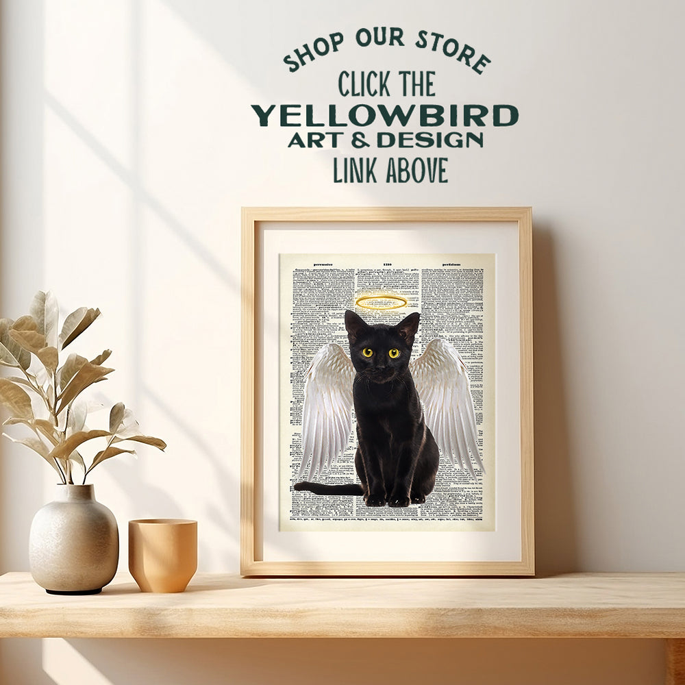 Black Cat Wall Decor - Angel Art Print - 8x10 Dictionary Wall Decoration - Cat Wall Art Home Decor Poster - Gift for Veterinarian Office, Clinic, Kitty, Kitten or Cat Lover - Angelic Picture, Photo