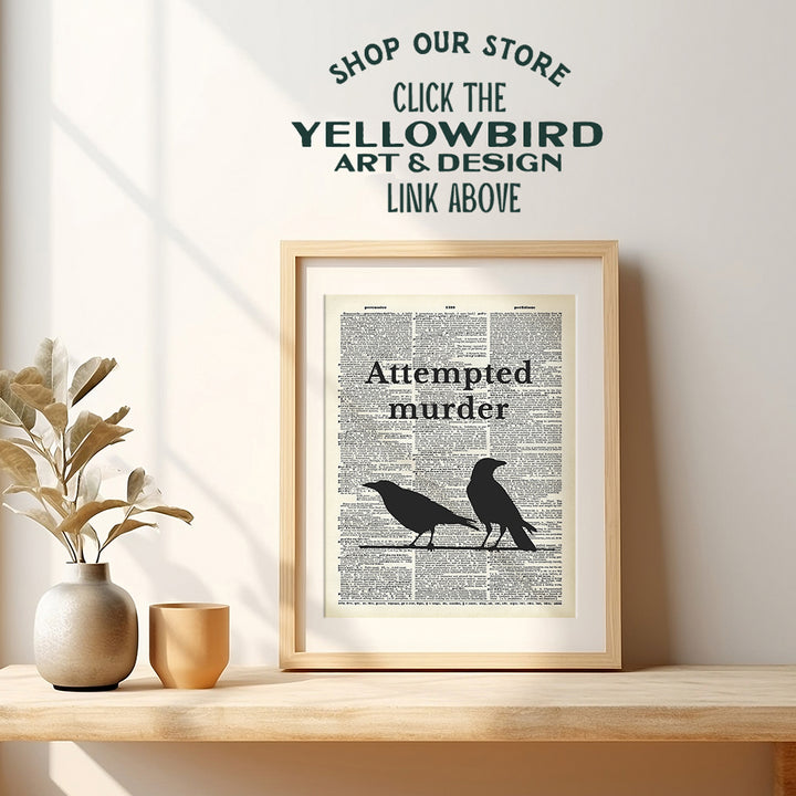 Crow Raven Dictionary Art Print - True Crime Gifts - Unique Funny Home Decoration Poster, Wall Decor - Ornithology, Attempted Murder Mystery, Bird Watching, Birdwatching, Writer, Author, Men, Women