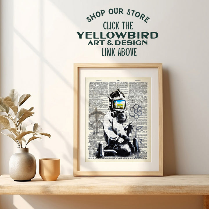 Banksy Gas Mask Graffiti Street Art Mural - Contemporary Dictionary Art, Home Decor - Upcycled Wall Art Print, Poster - Unique Room Decorations - Great Inexpensive Gift - 8x10 Photo Unframed