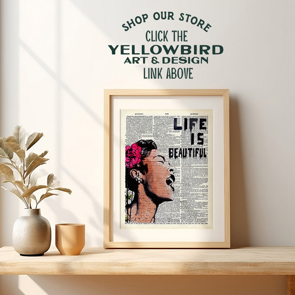 Banksy Wall Art - Upcycled Dictionary Graffiti Art Print, Billie Holiday 8x10 Street Art Poster, Home Decor - Urban Wall Art Print and Room Decorations - Makes a Great Gift - 8x10 Photo Unframed