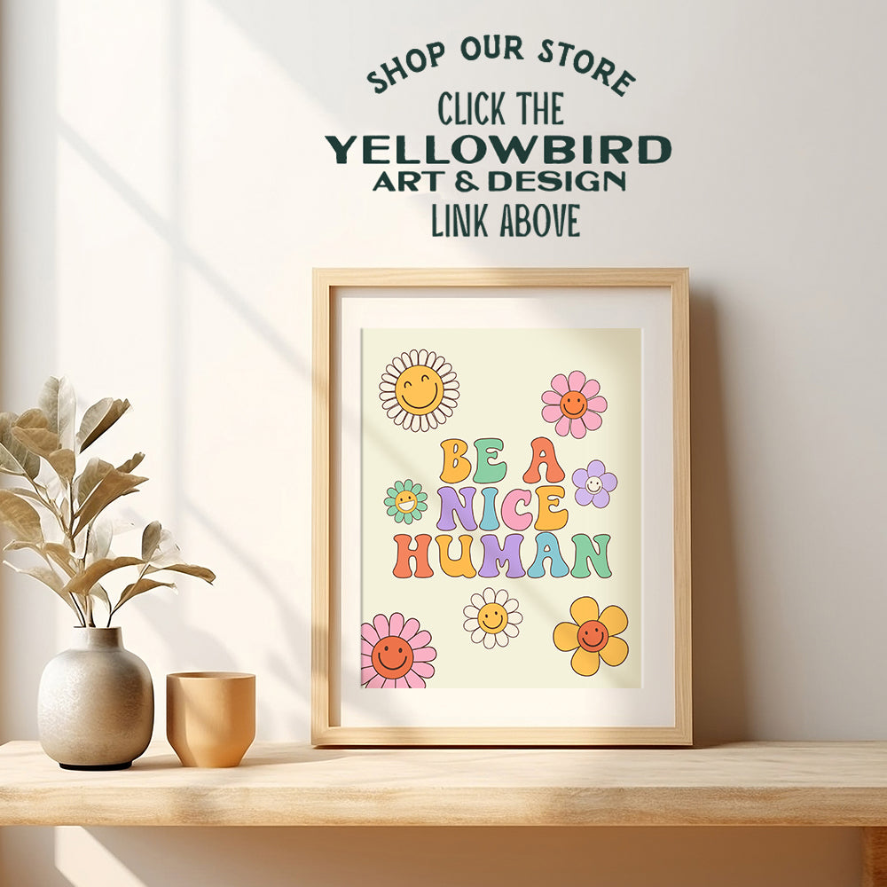 Preppy Trendy Room Decor - Be a Nice Human - 70s Retro style Happy Quotes Wall Decor Pop art Wall Decor Poster - Cute Indie Funky Wall Decor - Eclectic Wall Art - Girls Kids Bedroom Decor Aesthetic