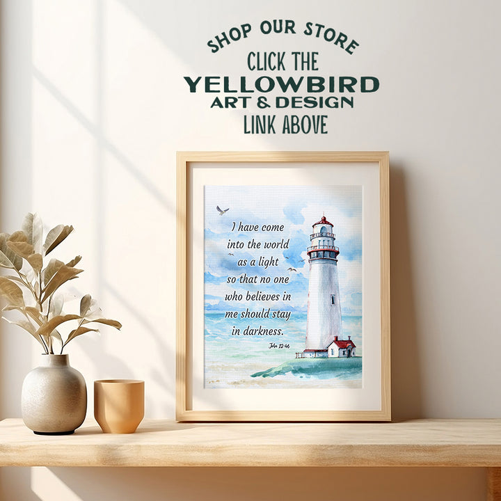 Nautical Seaside Lighthouse Christian Wall Art - Religious Scripture Bible Verse Gift - Ocean Home Decoration, Bathroom Wall Decor - Print for Beach House, Restroom, Living Room, Bedroom - Blue 8x10