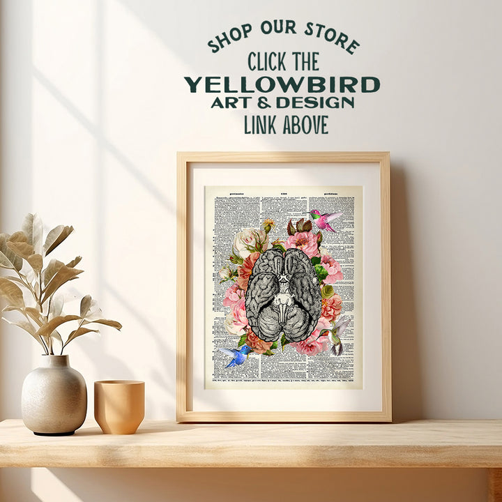 Floral Brain w/Hummingbirds Wall Art Decor - Vintage Rustic Shabby Chic Poster for Bathroom, Bedroom, Living Room, Doctor or Medical Office - Goth Gift for Nurse Practitioner, RN, CNA, Psychologist