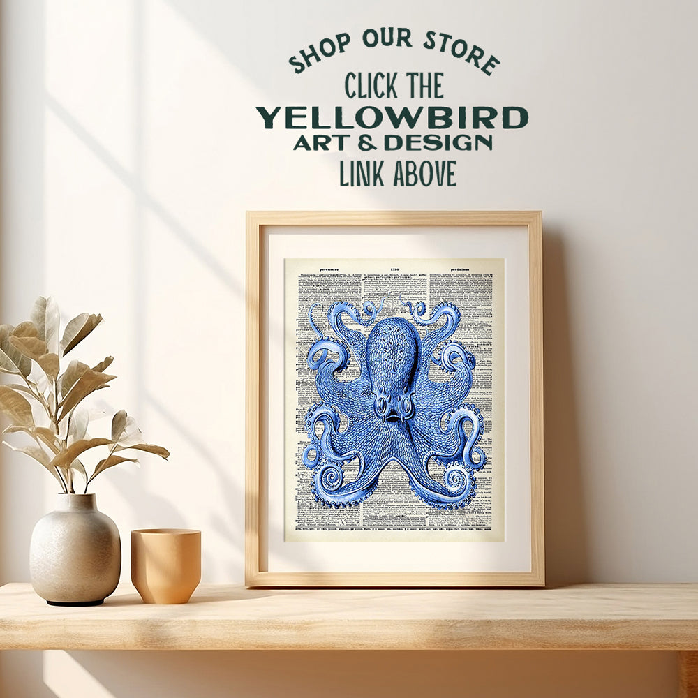 Vintage Octopus Dictionary Wall Decor Picture - Upcycled Retro Decoration for Home, Office or Apartment, Bedroom, Living Room, Bathroom, Bath - Gift for Ocean, Nautical Fans - 8x10 Poster Print