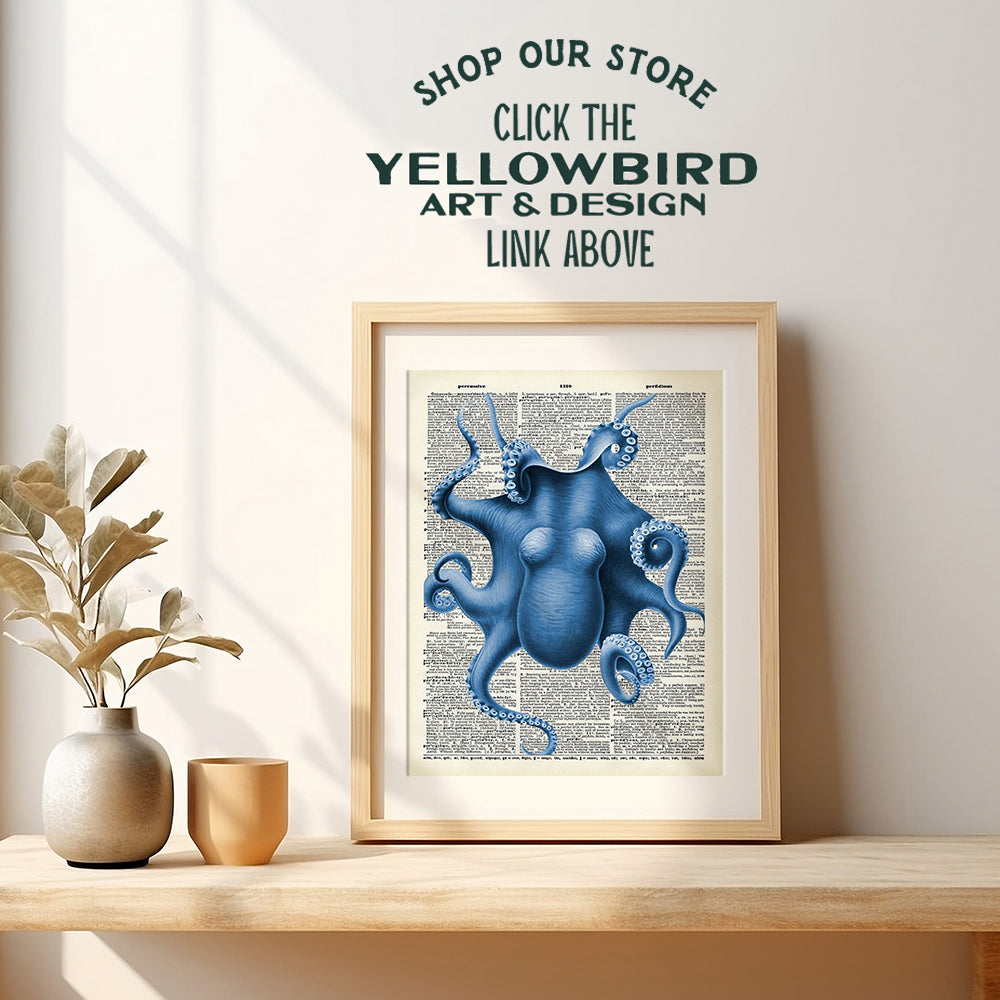 Blue Octopus Upcycled Dictionary Wall Art Print - 8x10 Vintage Unframed Photo - Perfect For Beach House Home Decor and Easy Gift Giving