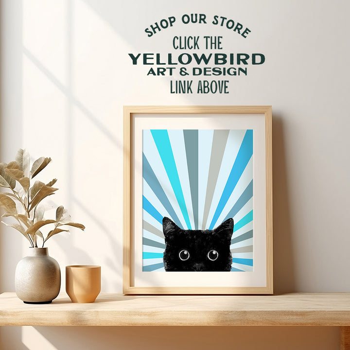 Cat Wall Decor Boho Wall Art - Blue Vintage Retro Boho-chic Minimalist Mid Century Room Decor - Farmhouse Boho Wall Decor - Chic Cute Black cat Poster, Cat Stuff, Cat Mom, Cat Themed Gifts for Women