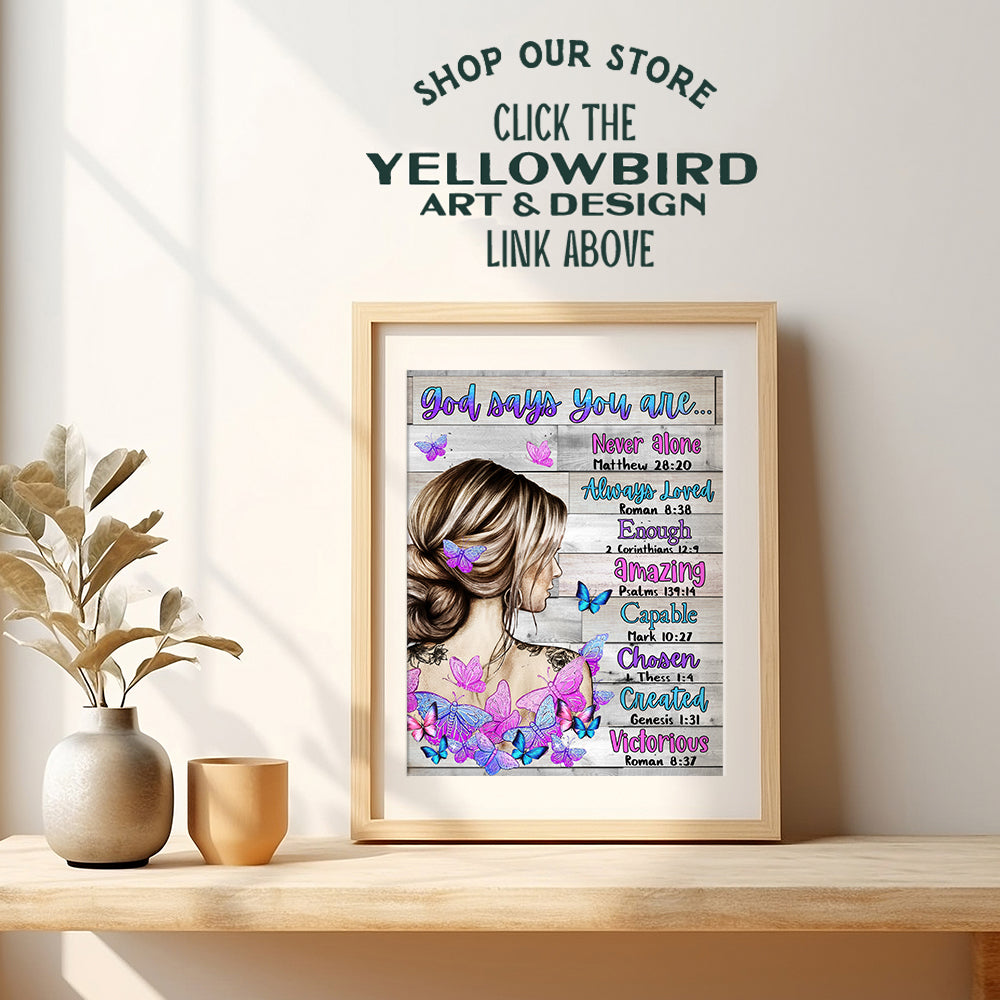 Inspirational Sayings Religious Art - Boho Farmhouse Decor - Christian Gifts for Women - Bible Verses spiritual Room Decor - God Quotes Wall Decor- Purple Blue Rustic Country God Says You Are Wall Art