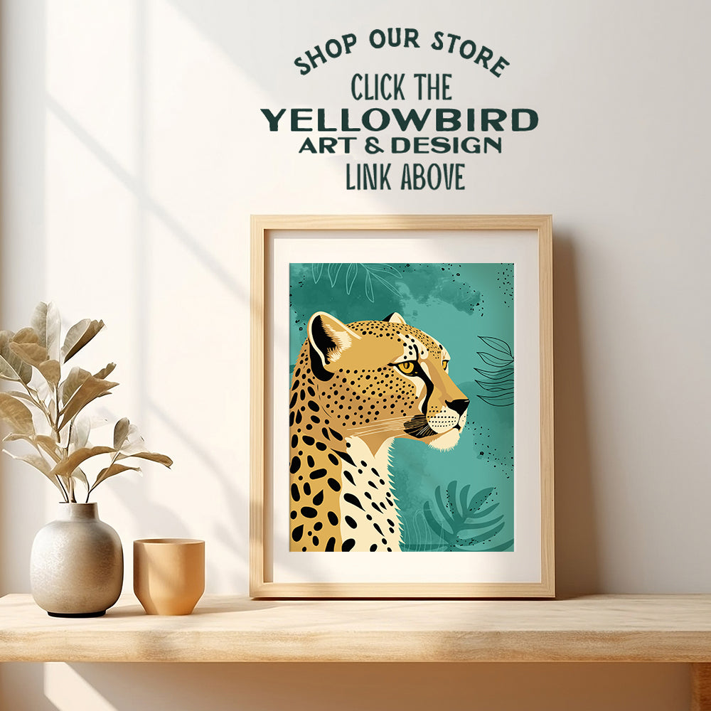 Cheetah Print Boho Wall Decor - Olive Green Bohemian Farmhouse Living Room Decor, Contemporary art - Minimalist Mid-century modern Botanical Wall Art for Women, Men - Big cat Bedroom Decorations