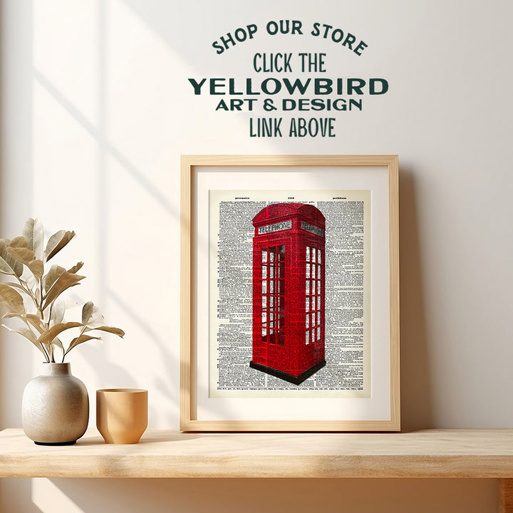 Upcycled Dictionary Wall Art Print - Vintage 8x10 Unframed Photo - Perfect Easy Gift - Chic Home Decor - Red British Phone Booth