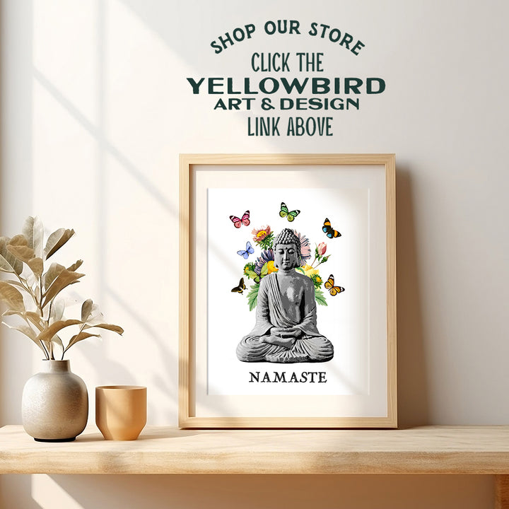 Namaste Buddhism Buddha Statue Wall Art Print - 8x10 Photo, Home Decor, Meditation Room, Spa or Yoga Studio Decoration - Boho Zen New Age Gift - Unframed Butterfly Poster Picture