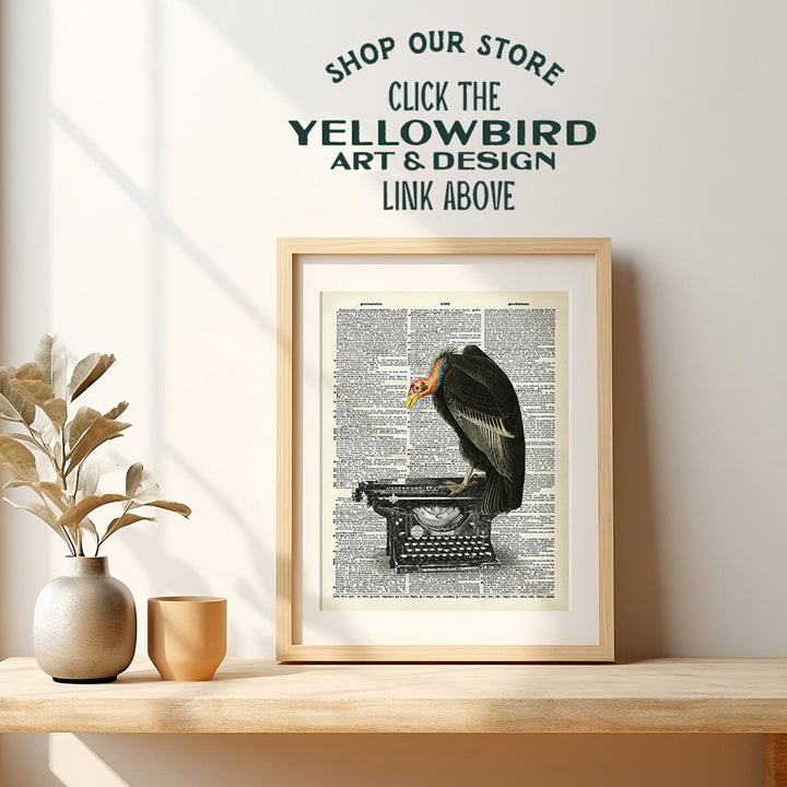 Goth Gothic Home Decor, Wall Art - Creepy Vulture, Buzzard on Typewriter for Living Room, Bedroom, Bathroom, Kitchen - Vintage Decoration or Gift for Writer, Literature Fan- 8x10 UNFRAMED Poster