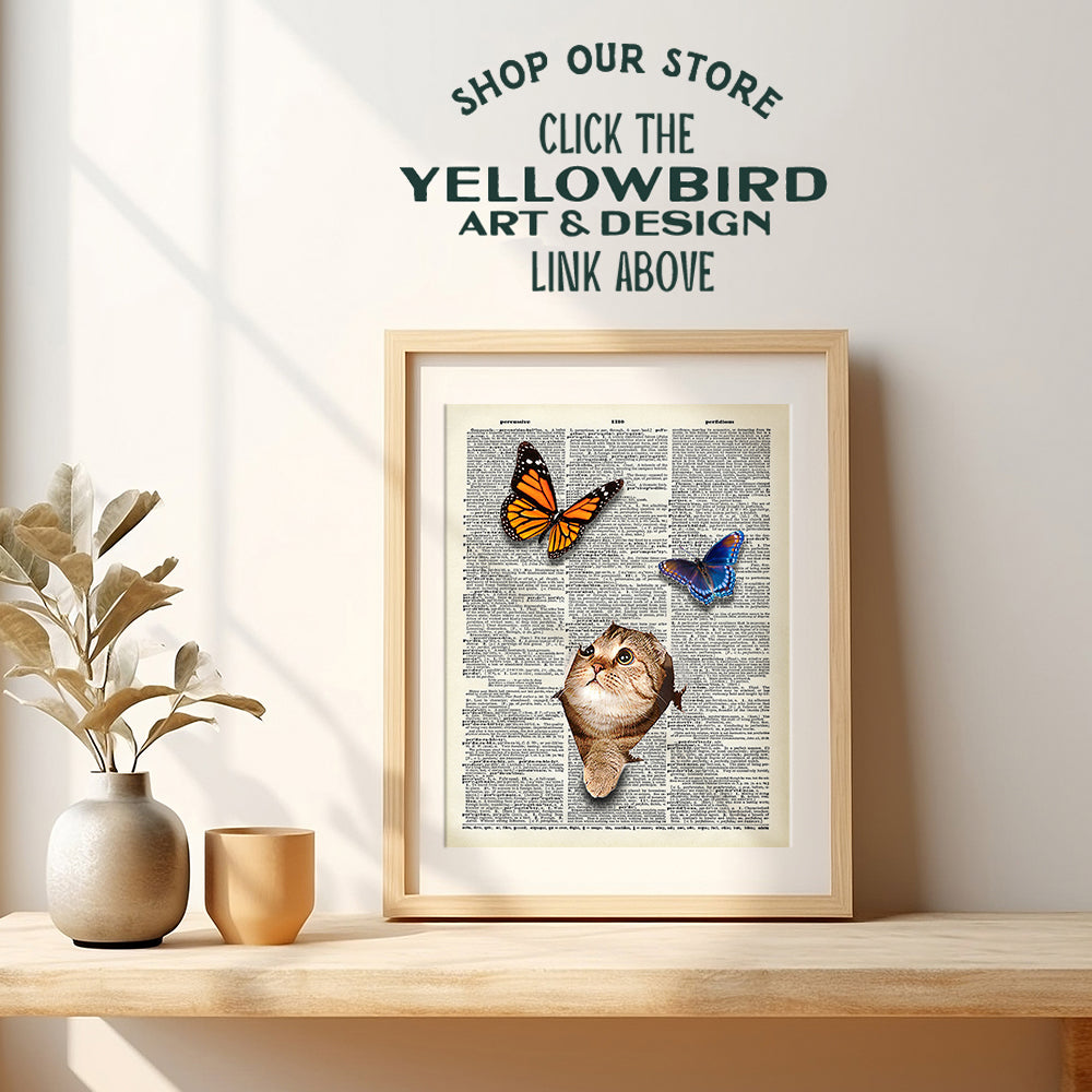 Cat Wall Art - Cat Wall Decor - Kitten and Butterflies Dictionary Art - 8x10 Photo Poster - Unique Gift for Cat Lovers, Vet, Veterinarians Office - Original Unframed Artwork Picture Print