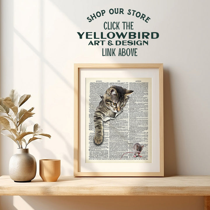 Cat Wall Decor - Cat Wall Art - Cute Funny Cat and Mouse Wall Decoration - Original Dictionary Art - Cat Gifts for Cat Lovers - Unframed - 8x10 Picture