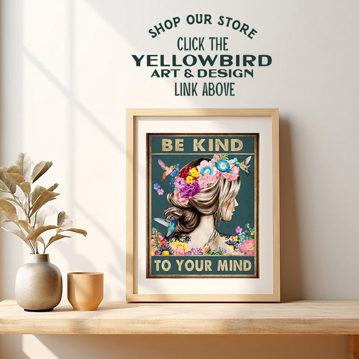 Boho Inspirational Quotes Wall Art - Zen Wall Decor - Positive Sayings for Women - Hummingbirds Mental health Wall Art Poster - Meditation Office Living room Bedroom Wall Art - Be Kind to Your Mind