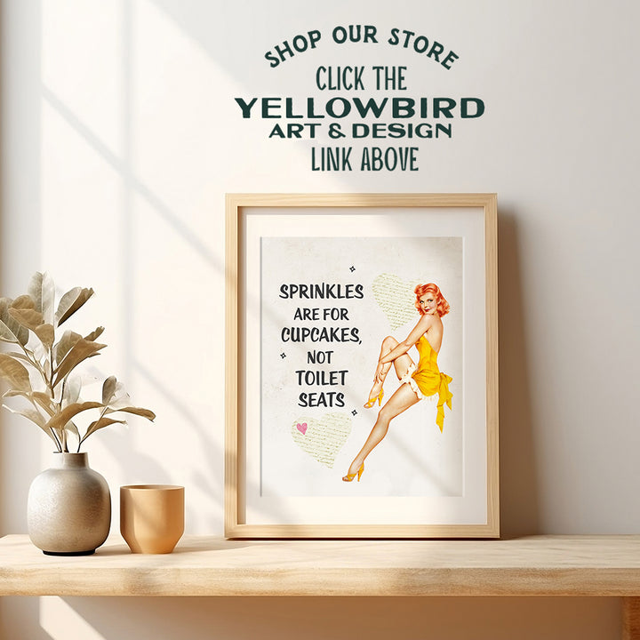 Cute Bathroom Wall Art Decor - Unique Gift or 1950s Retro Vintage Bathroom Decoration for Women - For Powder Room, Guest Bath, Restroom - 8x10 UNFRAMED Retro Pink Pinup Poster Print