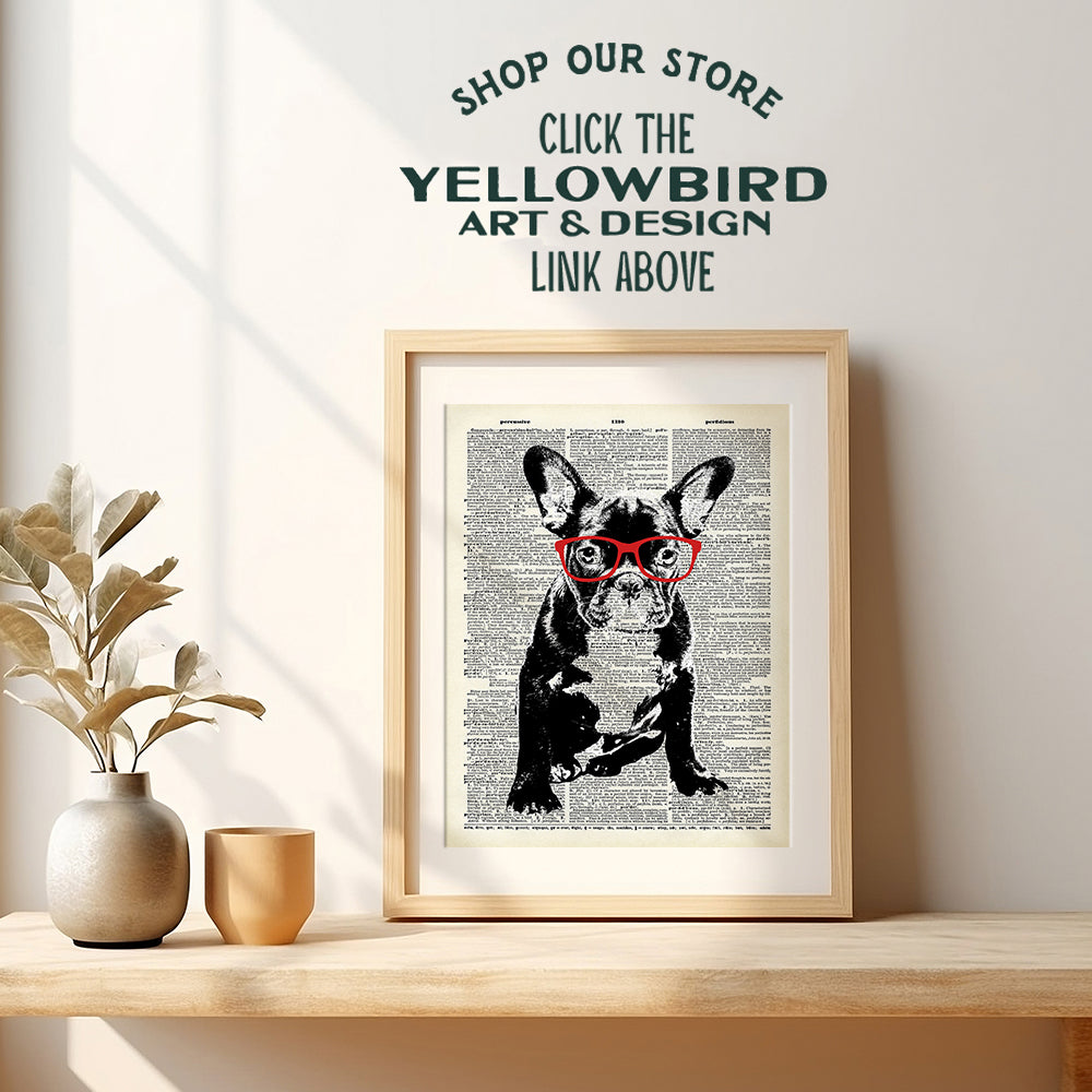 French Bulldog in Red Glasses - Dictionary Wall Art Print - 8X10 Photo Print - Cool Home Decor or Gift for Animal or Dog Lover, Veterinarian, Vet Office - Unframed Poster Picture