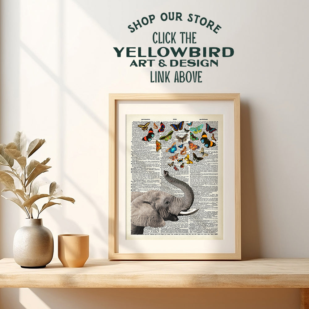 Elephant Butterfly Dictionary Art - 8x10 Vintage Wall Decor, Home Decoration for Bedroom, Living Room - Whimsical Unique Chic Gift for Nature and Animal Lovers - Unframed Poster, Picture, Print, Photo