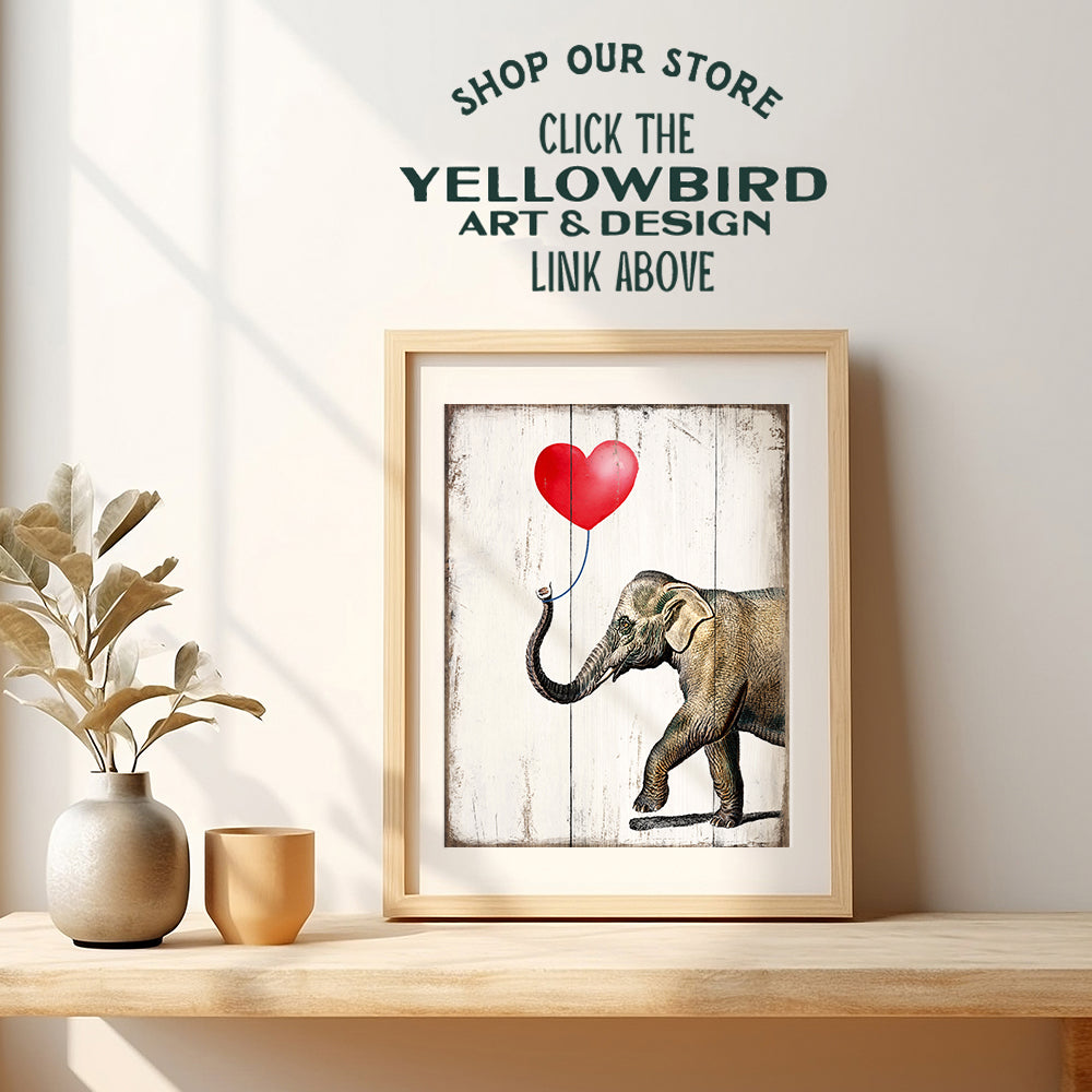 Elephant With Heart Balloon - Cute Unique Room or Home Decor for Women, Girls Room, Bedroom, Living Room - Rustic Vintage Sign Plaque Replica Wall Art Print - Romantic Gift - Unframed