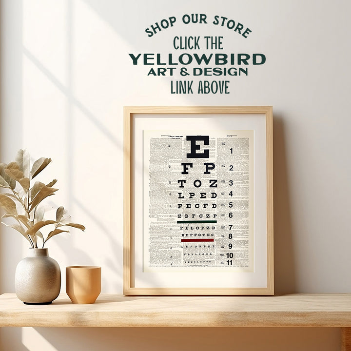 Upcycled Dictionary Wall Art Print - Vintage 8x10 Unframed Photo - Unique Gift for Optometrist, Ophthalmologist, Eye Doctor, Eye Dr, Nurse - Medical Clinic or Office Decor - UNFRAMED Snellen Eye Chart