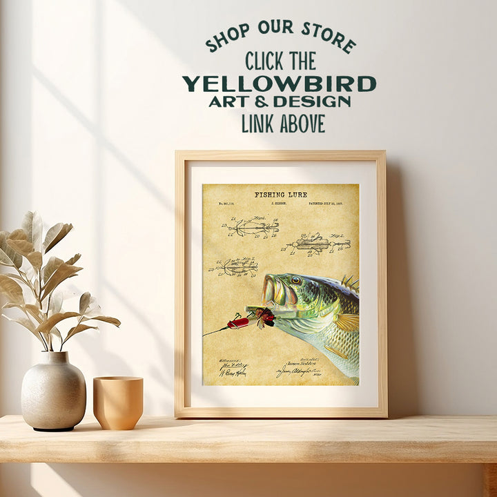 Fishing Patent Print - Fish Wall Art Poster - Rustic Vintage Home Decor for Beach or Lake House, Man Cave, Living Room, Office - Gift for Bass Fishermen, Anglers - 8x10 Photo Unframed