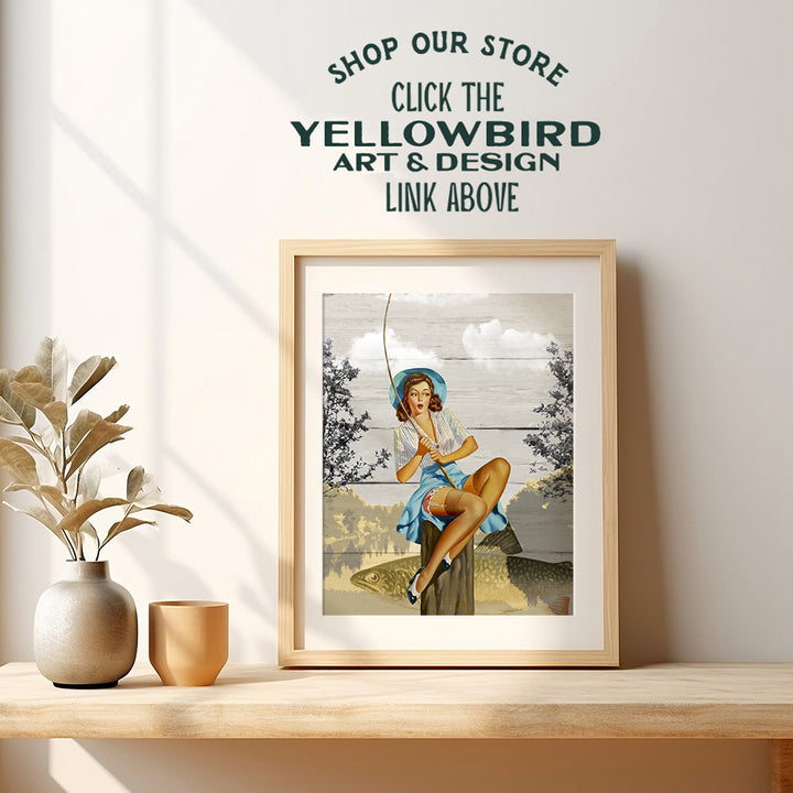 Rustic Fishing Pinup Girl Art Print - Retro Vintage 1950s Wall Art Poster - Shabby Chic Home Decor for Beach or Lake House, Den, Man Cave - Gift for Fisherman, 8x10 Photo Unframed