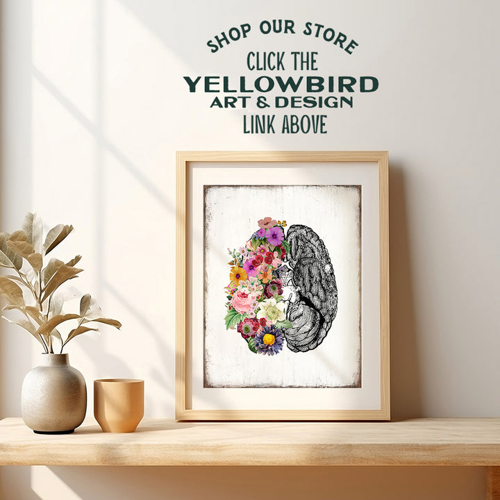 Flower Brain Wall Art & Decor - Vintage Human Anatomy Poster 8x10 - Rustic Boho Shabby Chic Modern Home Decor for Bedroom Bathroom Living Room - Bohemian Gift for Women - UNFRAMED