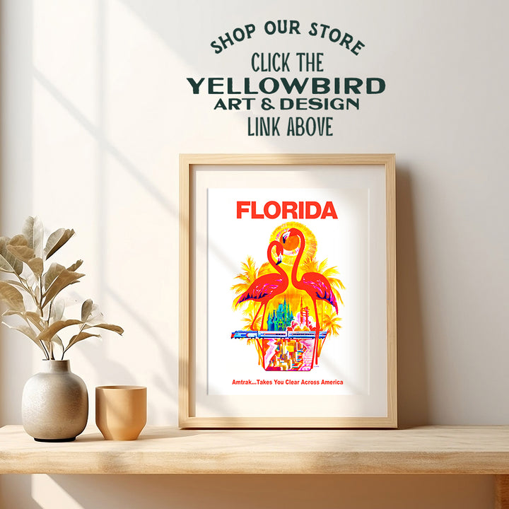 Florida Vintage Travel Poster Art Print, Wall Art Poster - Unique Home Decor for Beach House, Living Room, Kitchen, Office, Bedroom, Bathroom - Great Tropical Gift for Flamingo Lovers - 8x10 Photo