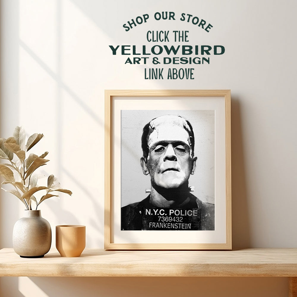 Yellowbird Art & Design Frankenstein Wall Art & Decor- New York Wall Decor - Horror Movies Wall Art - Home Theater Decor - Funny Frankenstein Mug shot Sign Poster - Goth Decor - Vintage Hollywood