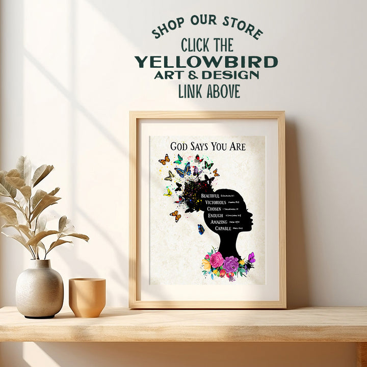 Religious Wall Art & Decor - African American Women, Girls - Christian Scripture Bible Verses - God Says You Are Inspirational Positive Quotes - Uplifting Encouragement Gifts - Afro Black Art