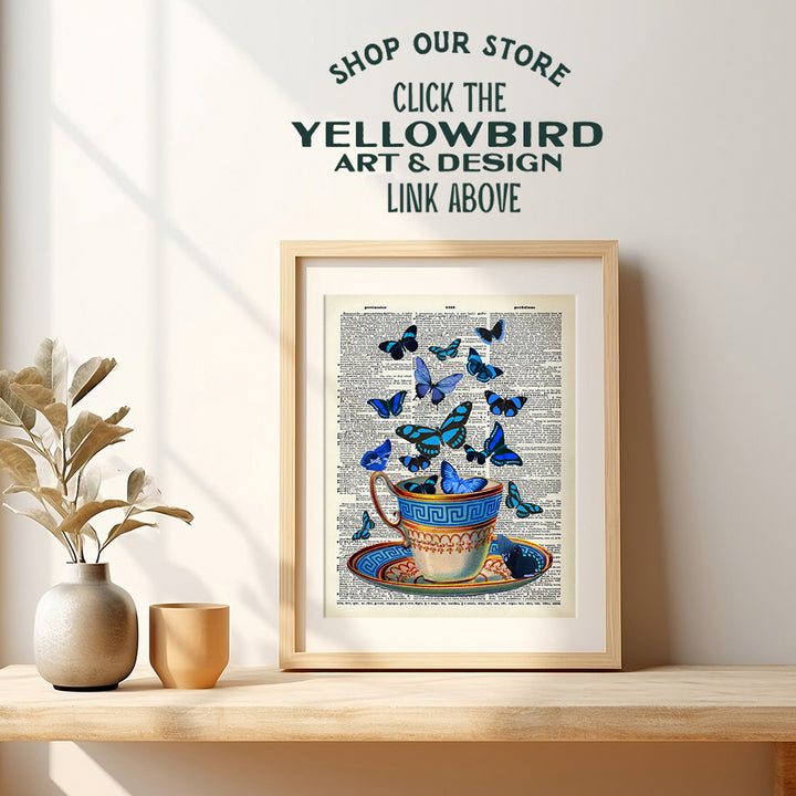 Greek Teacup and Butterflies On Photo of Dictionary Page - Unframed Wall Art Print - Perfect Easy Gift and Great For Home Decor - Ready to Frame (8x10) Photo